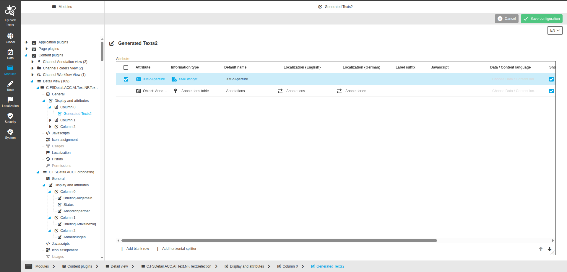 DetailView CC display and attributes xmp widget configuration