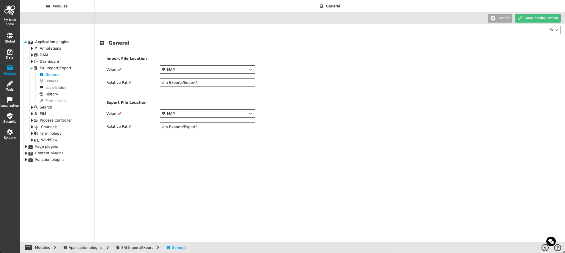 eai import export CC configuration general