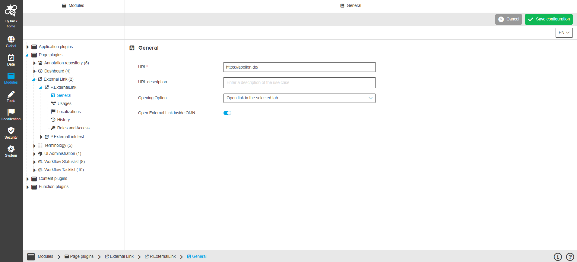 Externallink CC configuration general