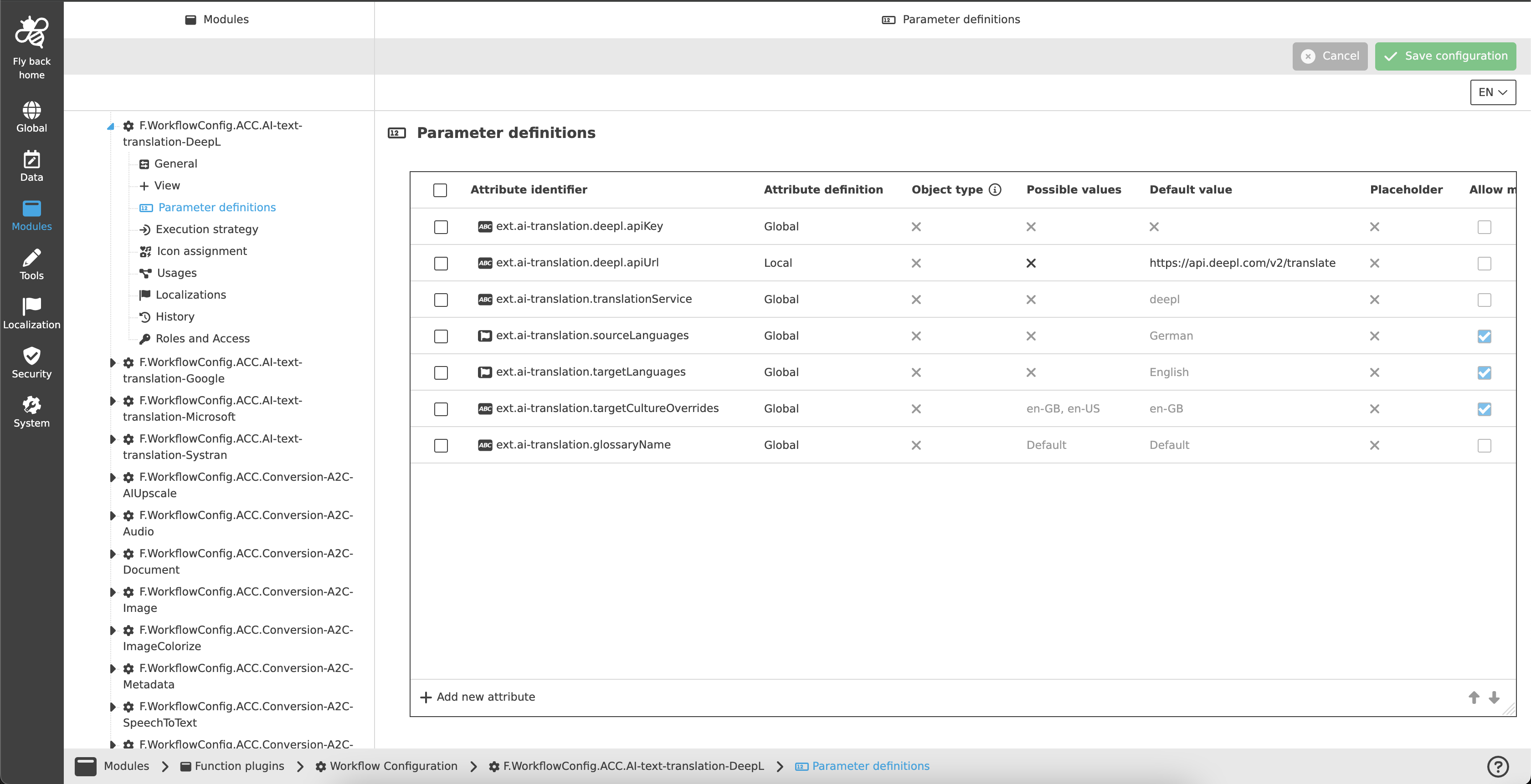 Deepl Translation example configuration