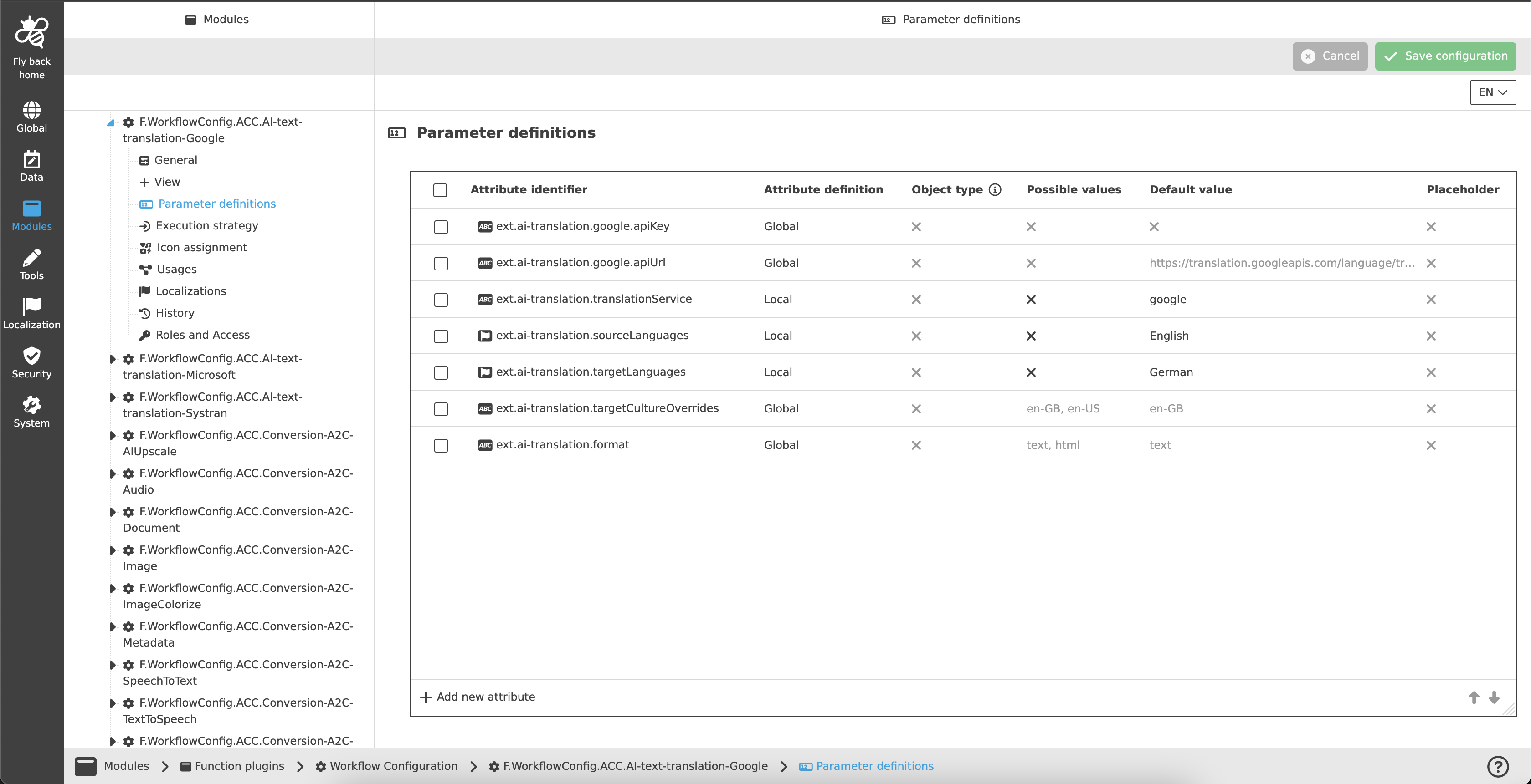 Google Translation example configuration