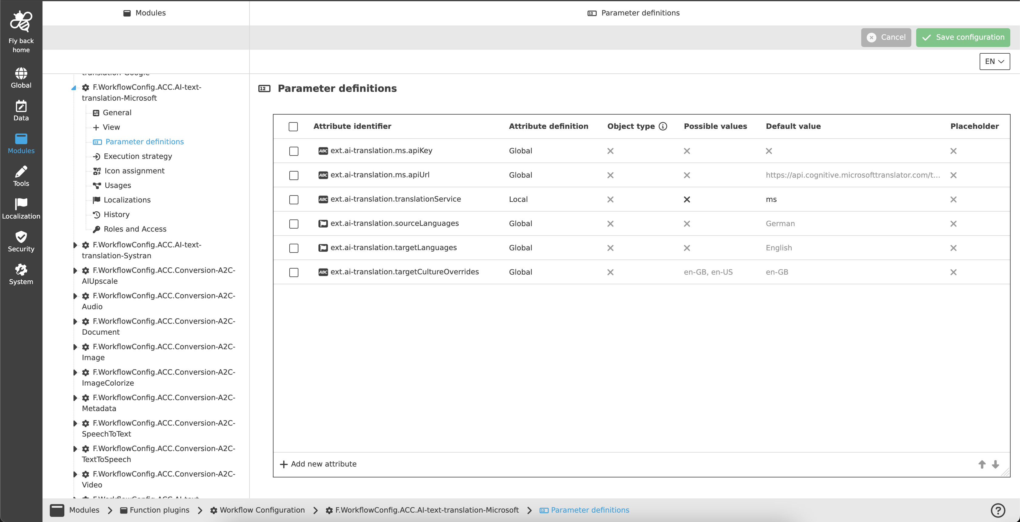 Microsoft Translation example configuration