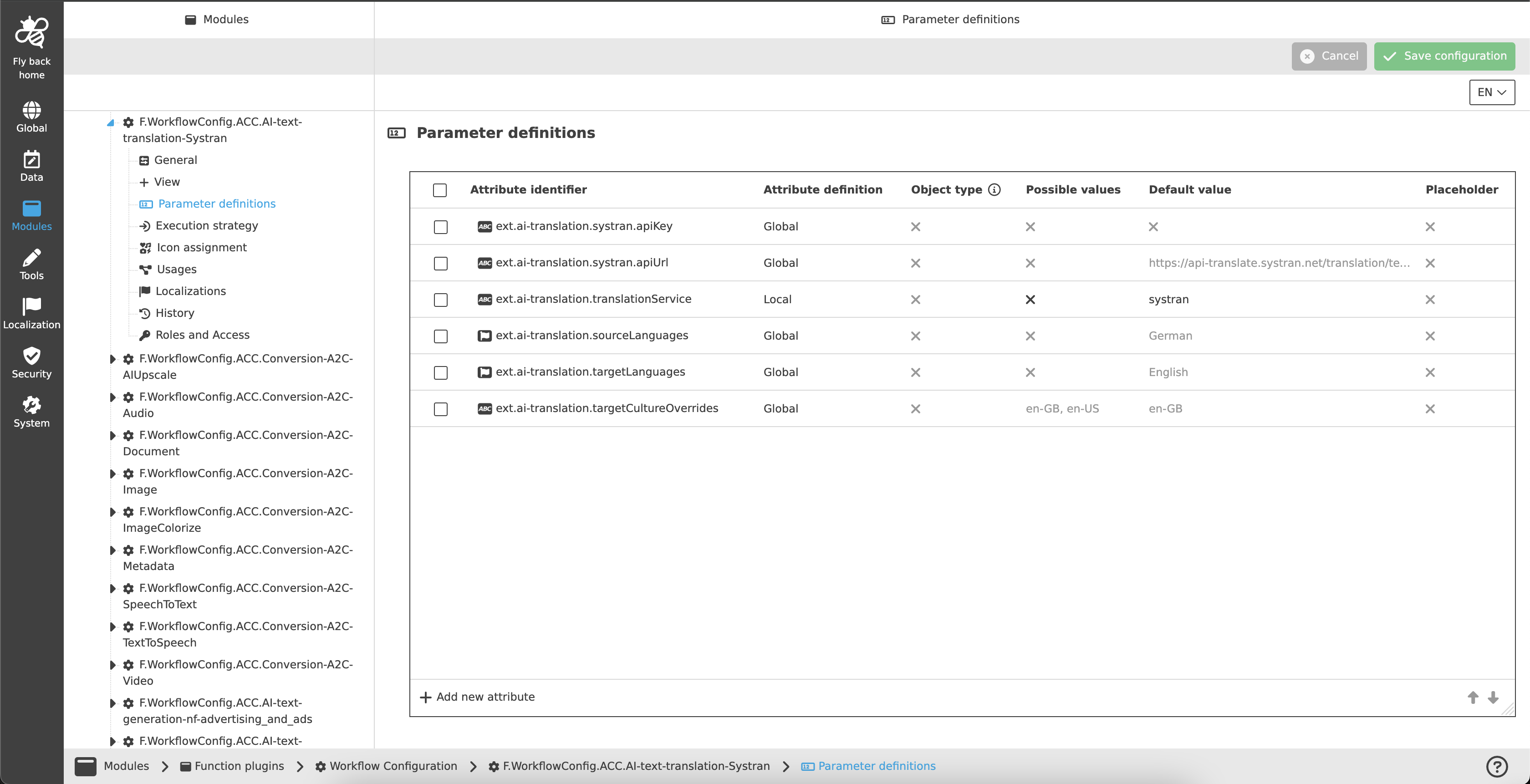 SYSTRAN Translation example configuration