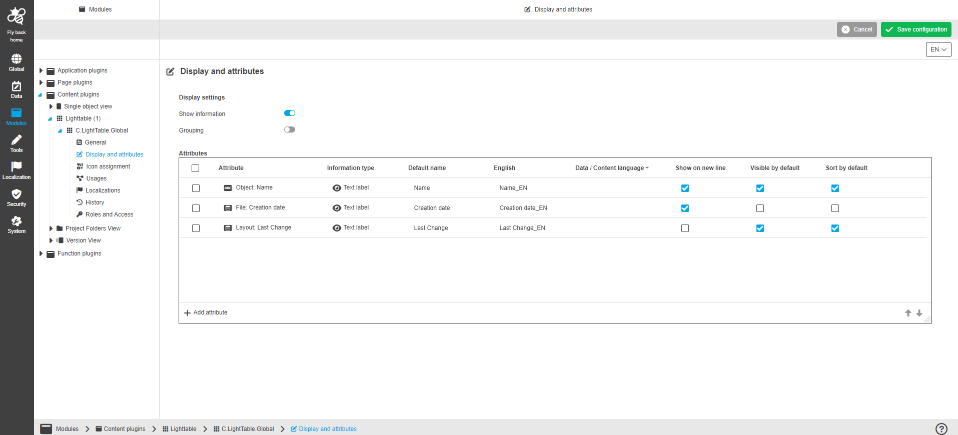 Lighttable CC configuration display and attributes