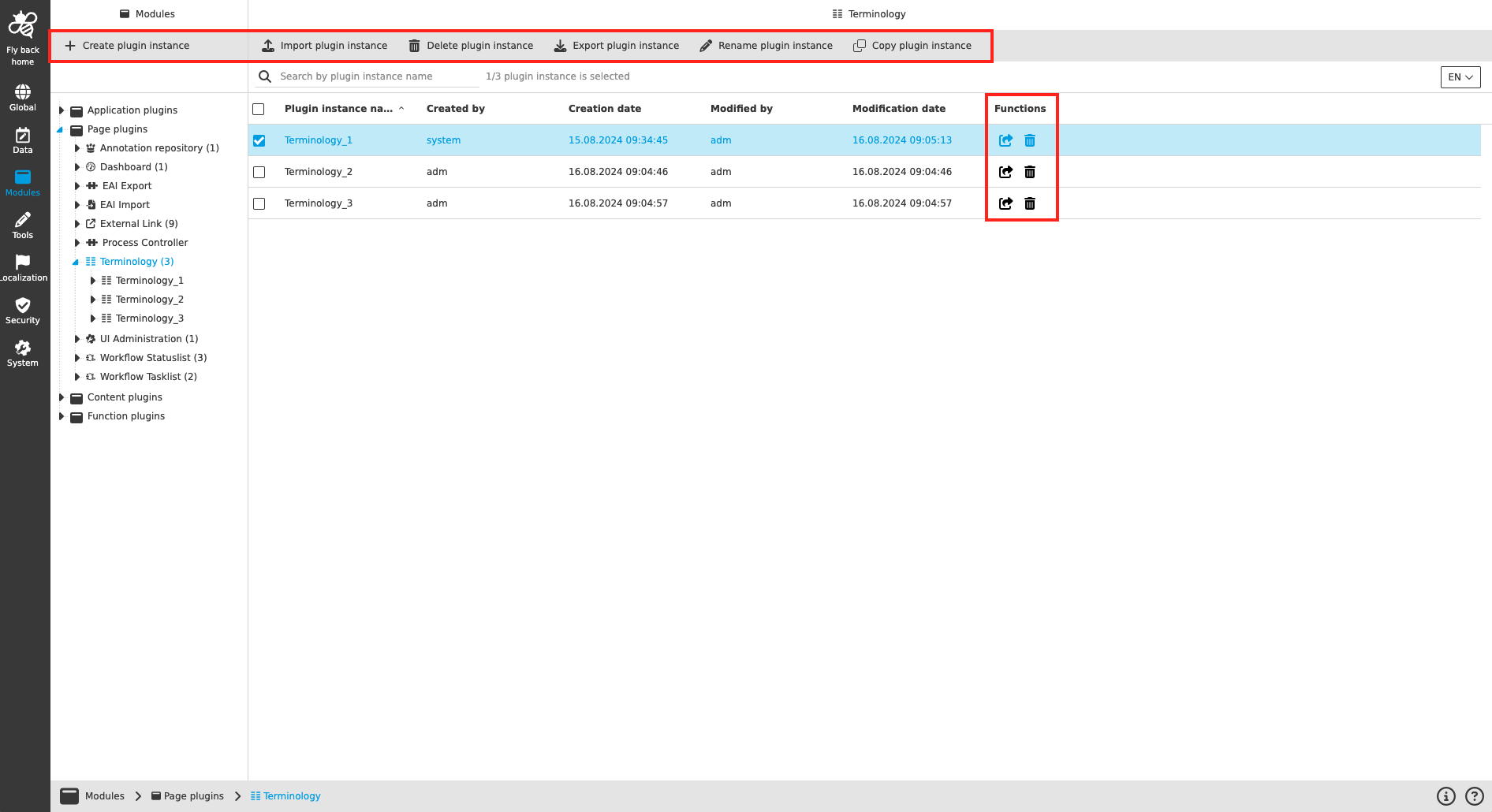 management plugin instances functions
