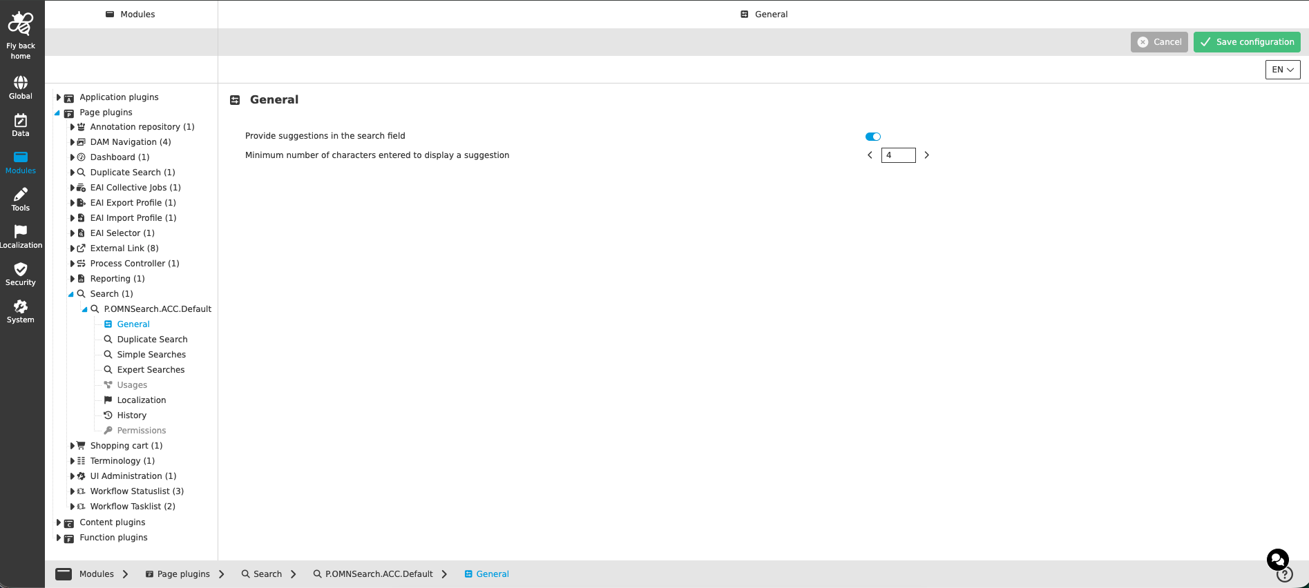 General tab of the Search page plugin