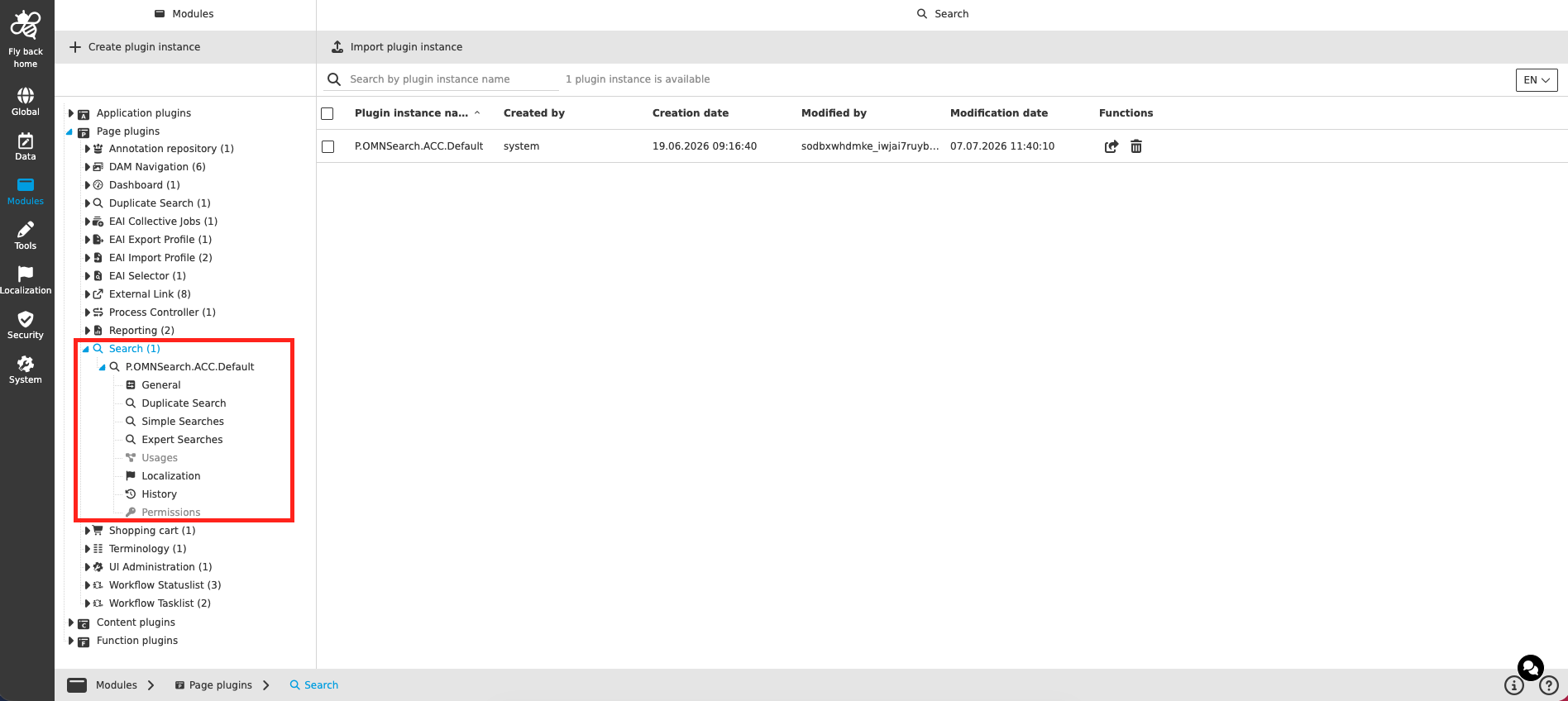 The configuration structure of the Search page plugin