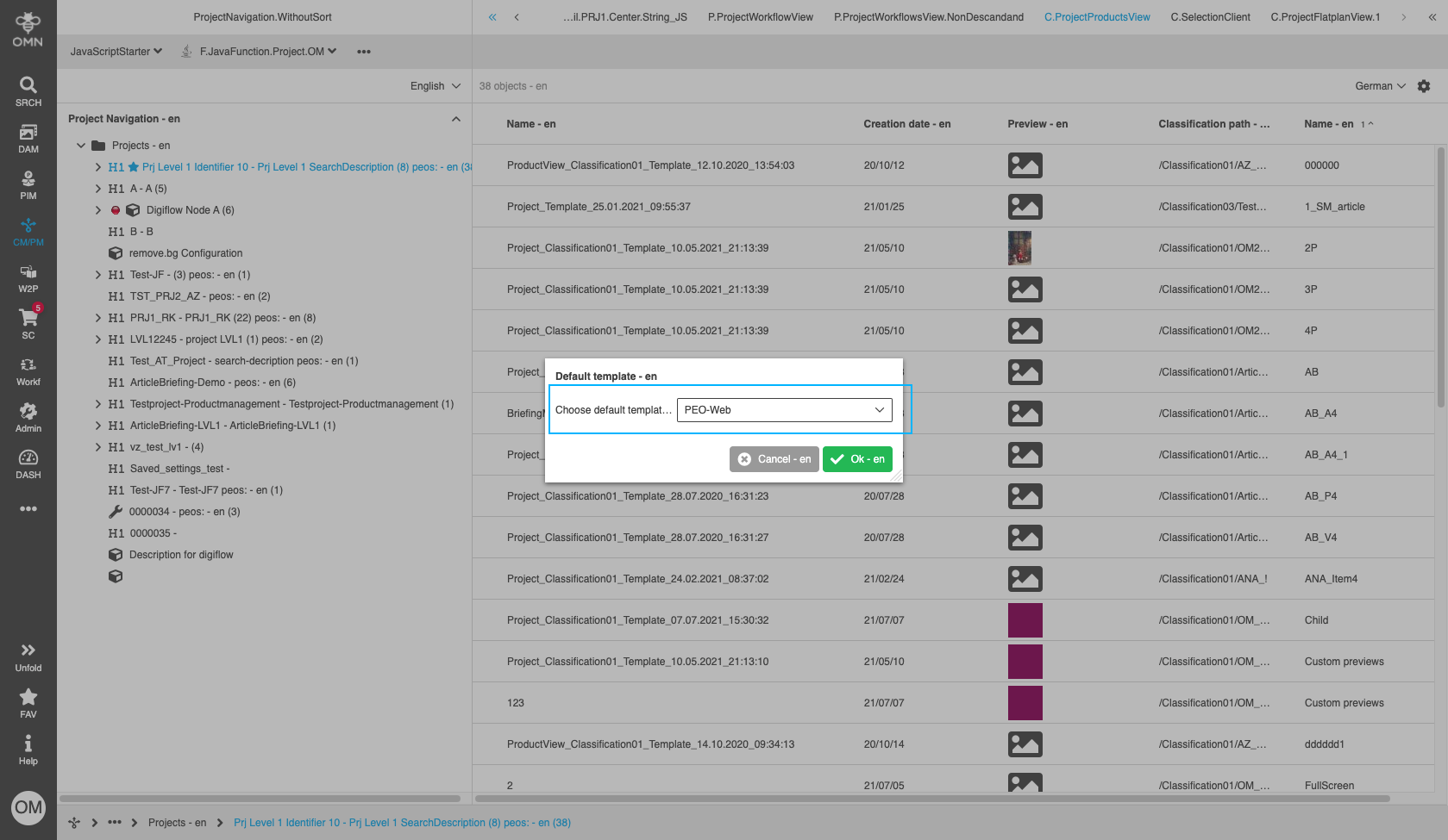 Default template is selected