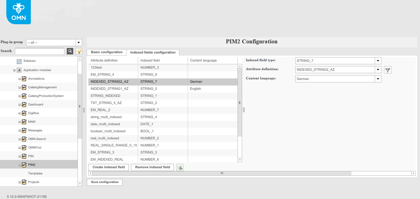 PIM2 indexed fields configuration tab