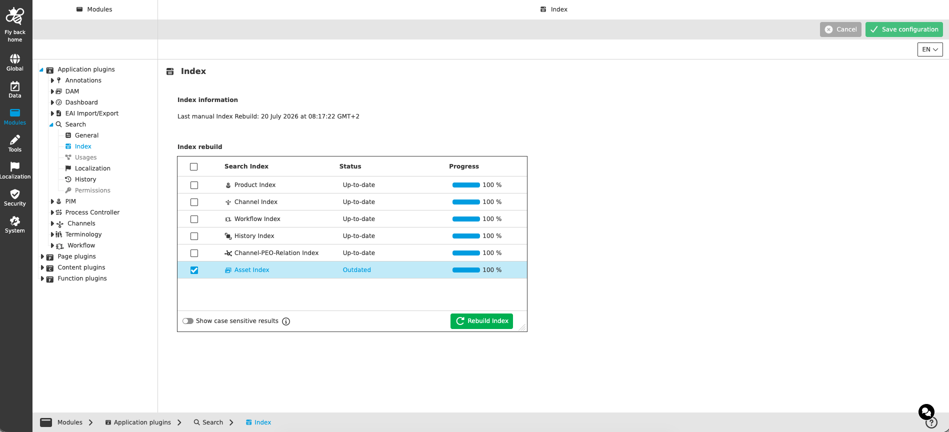 search application CC configuration index