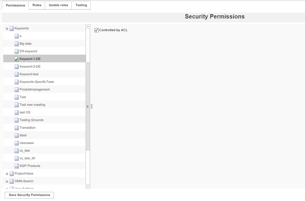 Security access rights for keywords