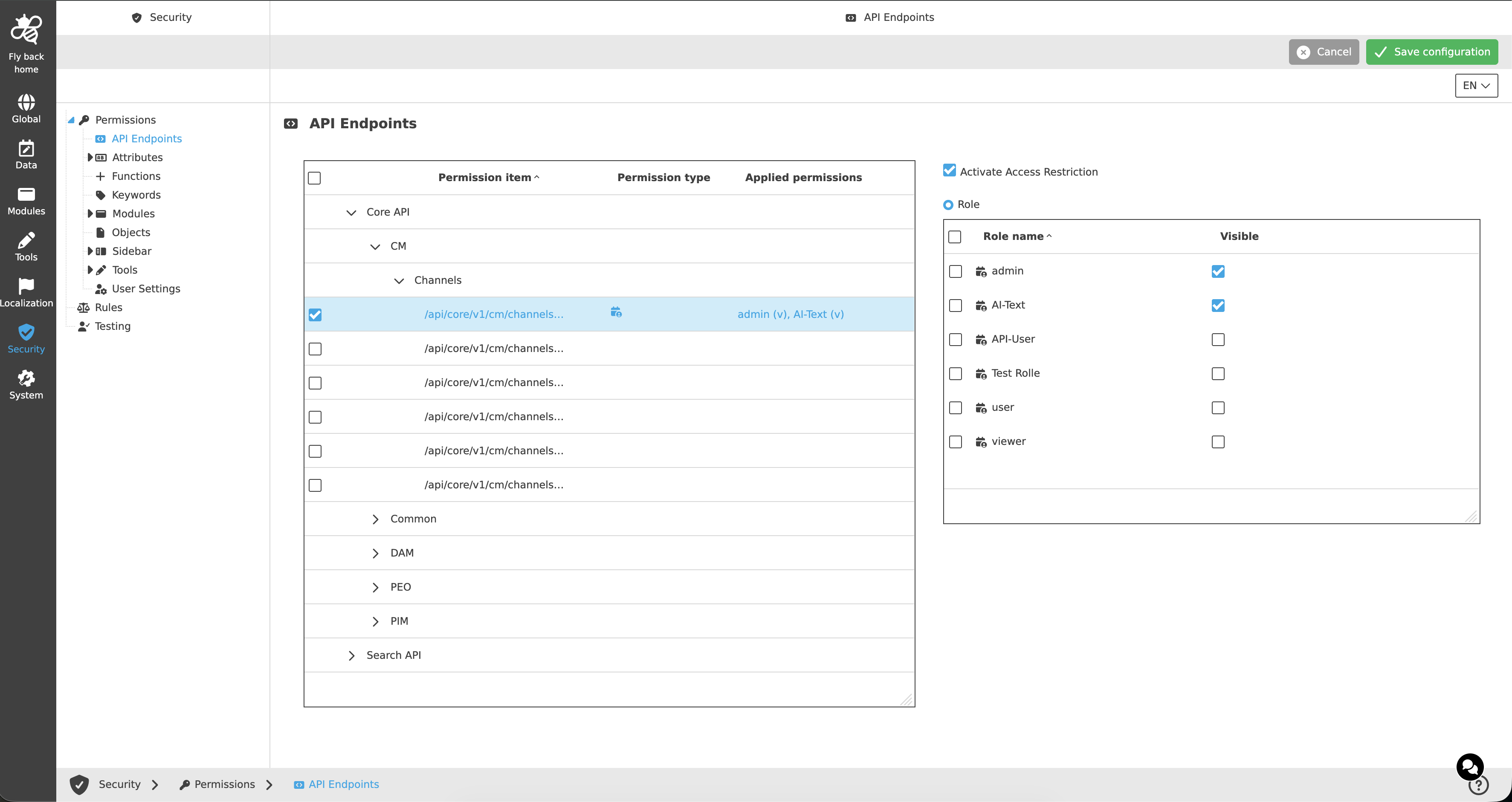 Security permissions api endpoints newCC