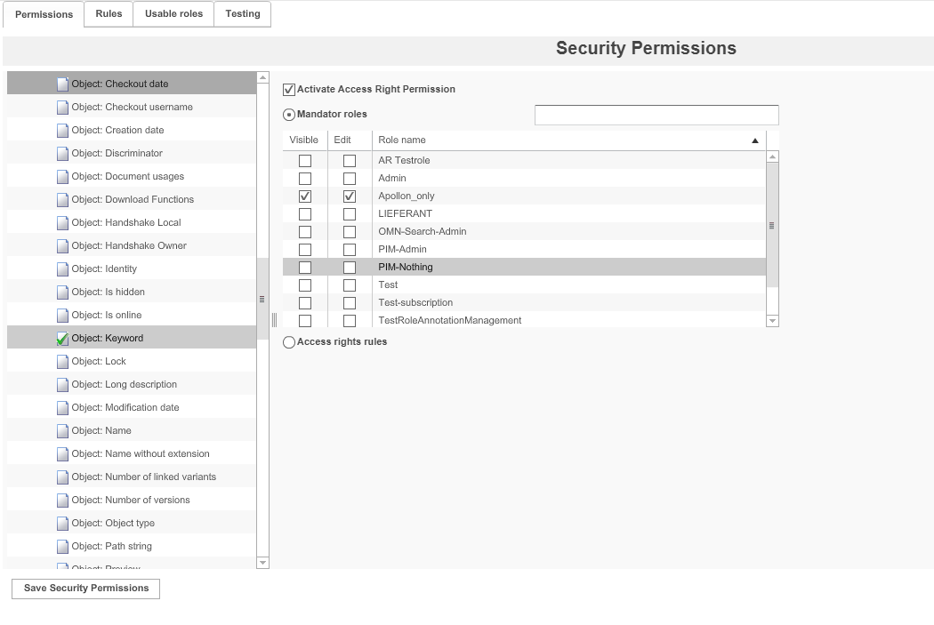 Security permissions depending on roles