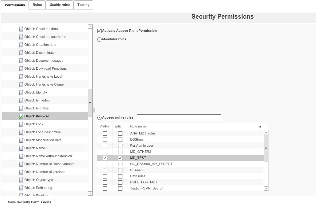 Security permissions depending on rules