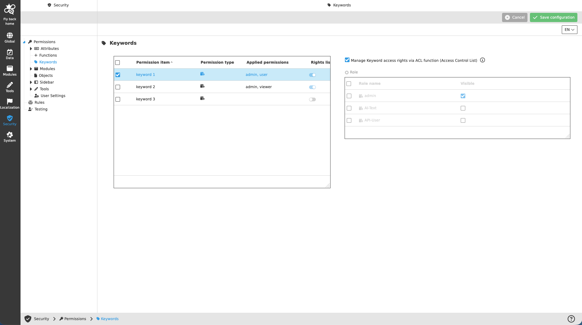 Security permissions keywords newCC