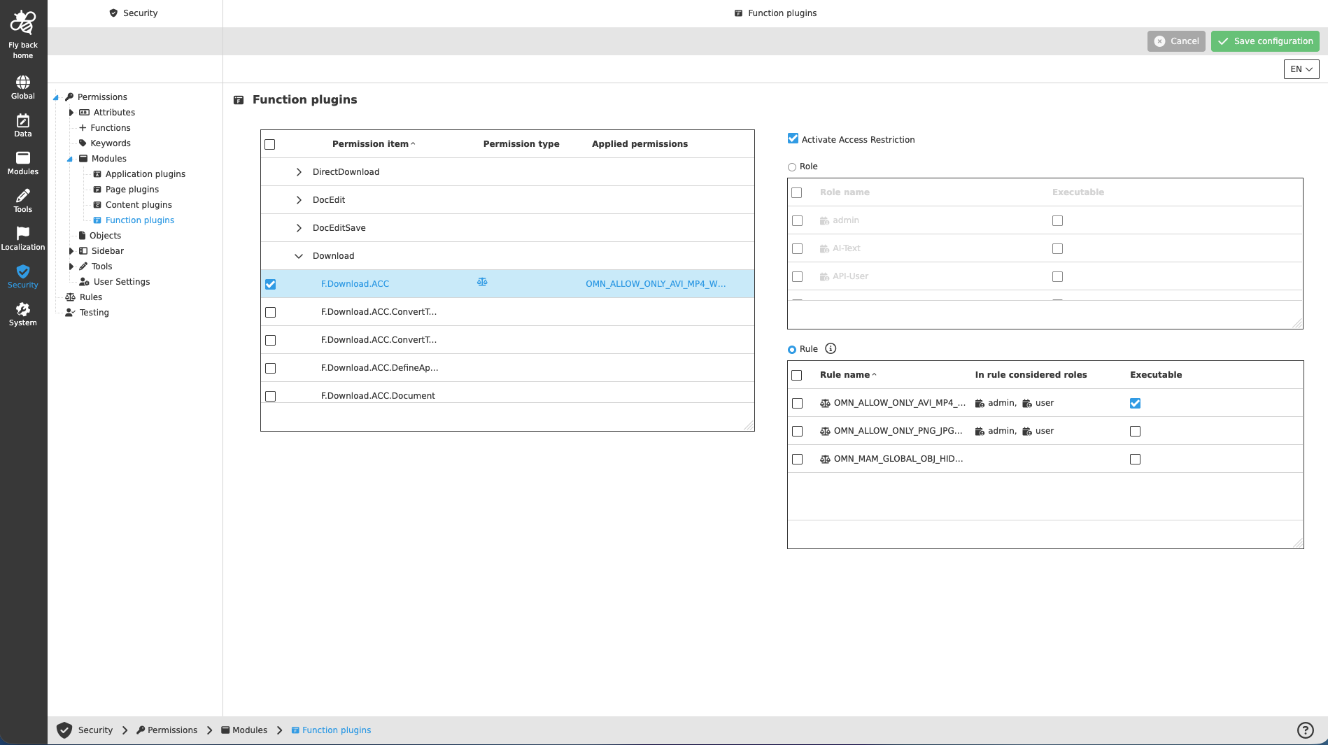 Security permissions modules newCC