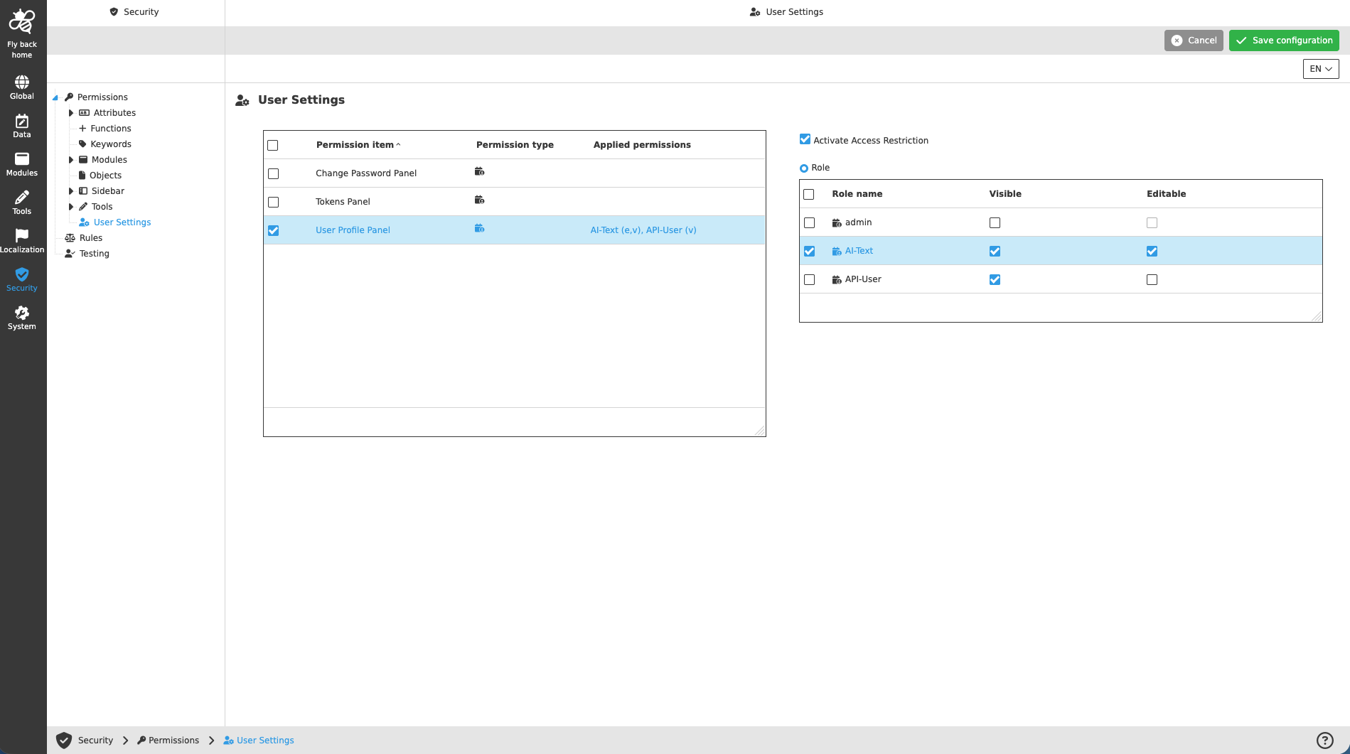 Security permissions usersettings newCC