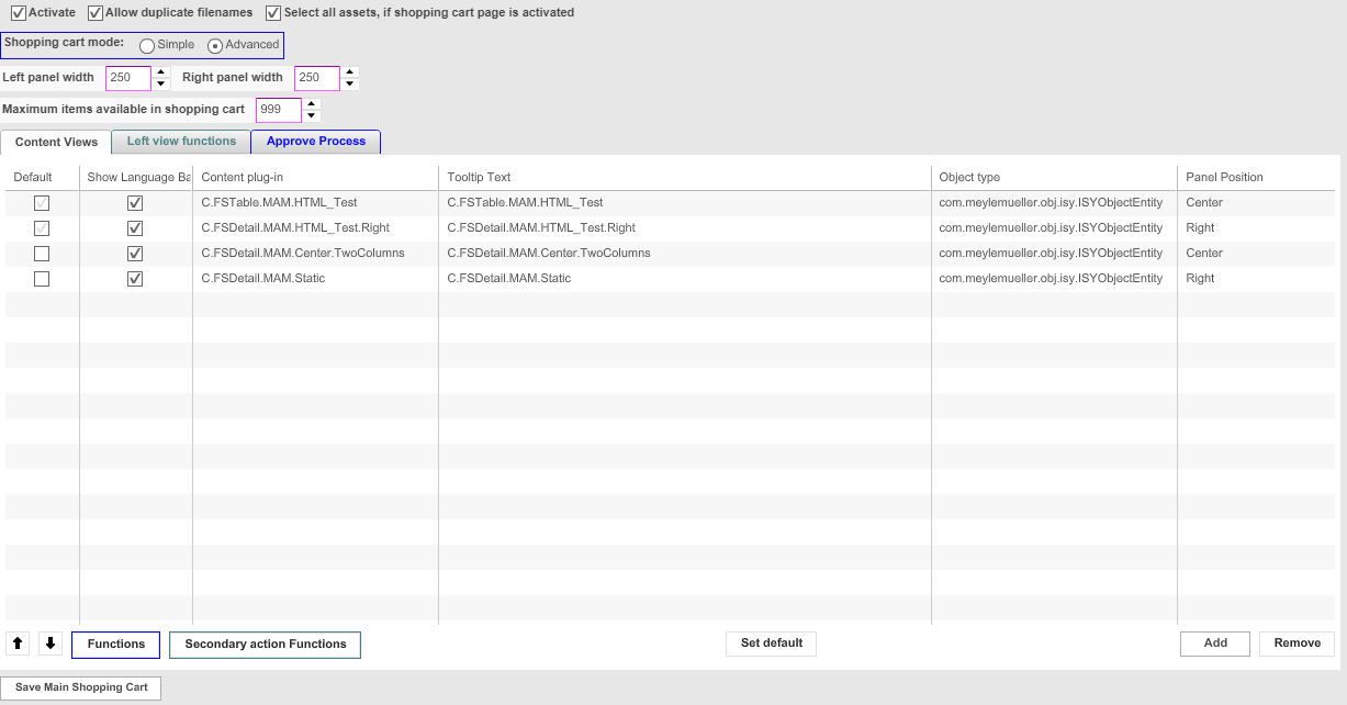 ShoppingCart configuration overview