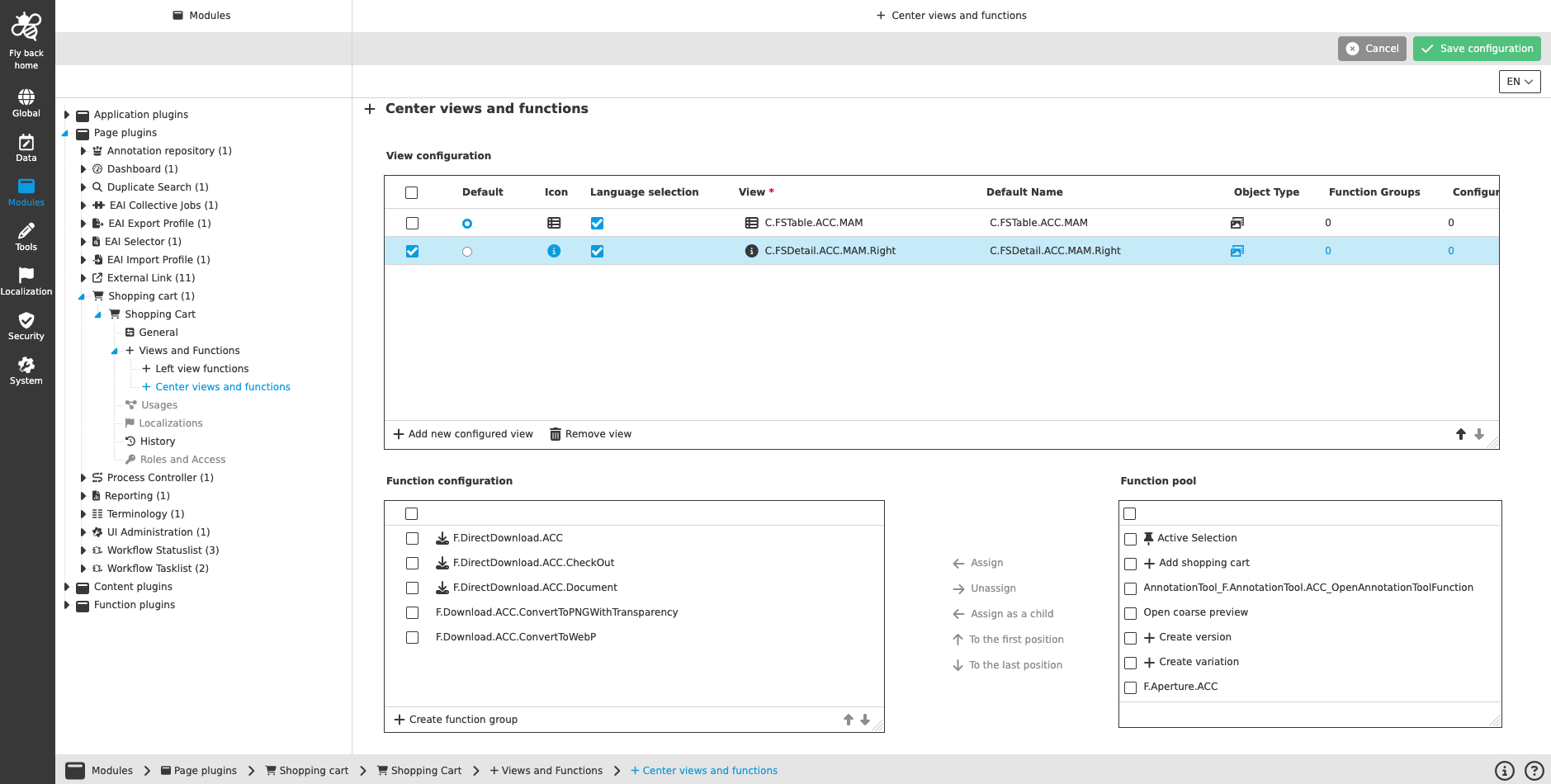 Shoppingcart CC configuration center views and functions