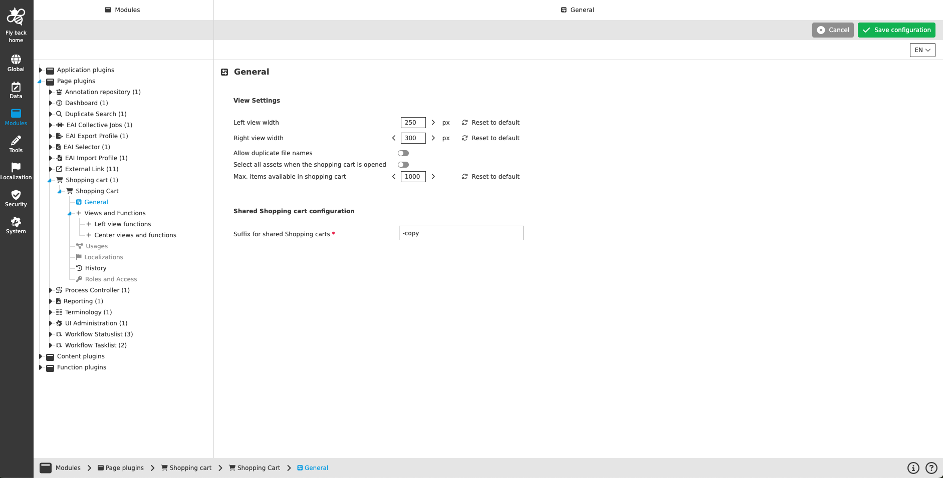Shoppingcart CC configuration general