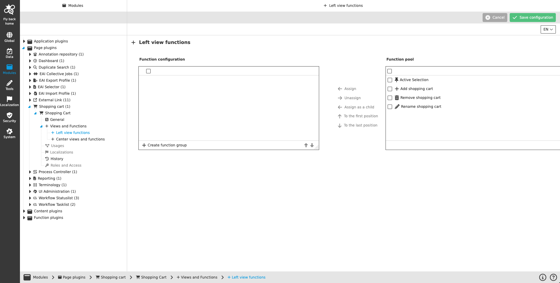 Shoppingcart CC configuration left functions