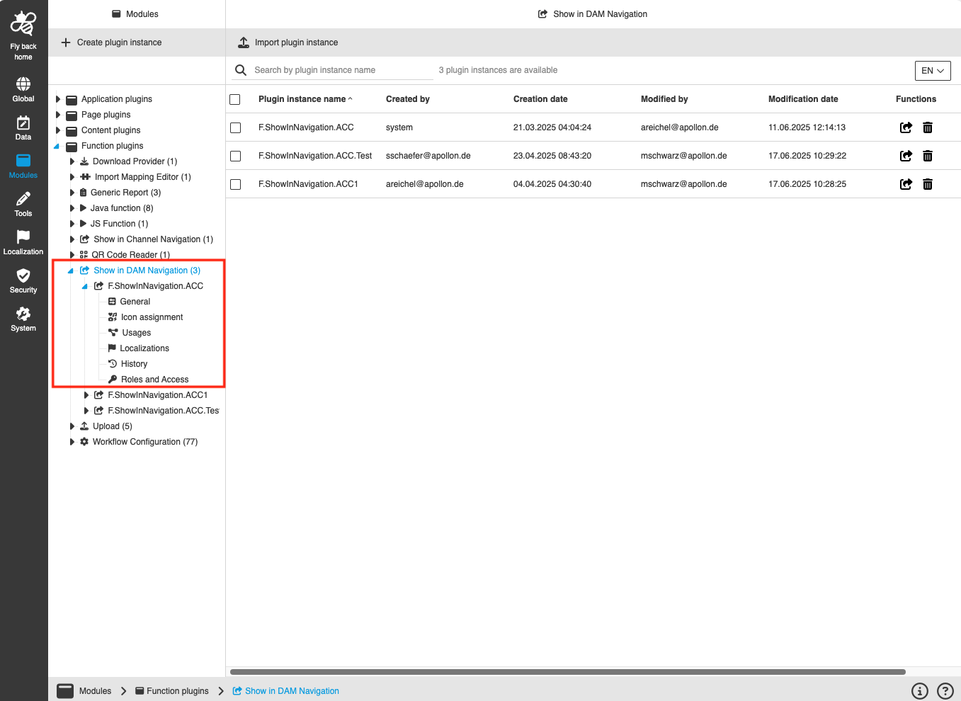 show in dam navigation CC configuration