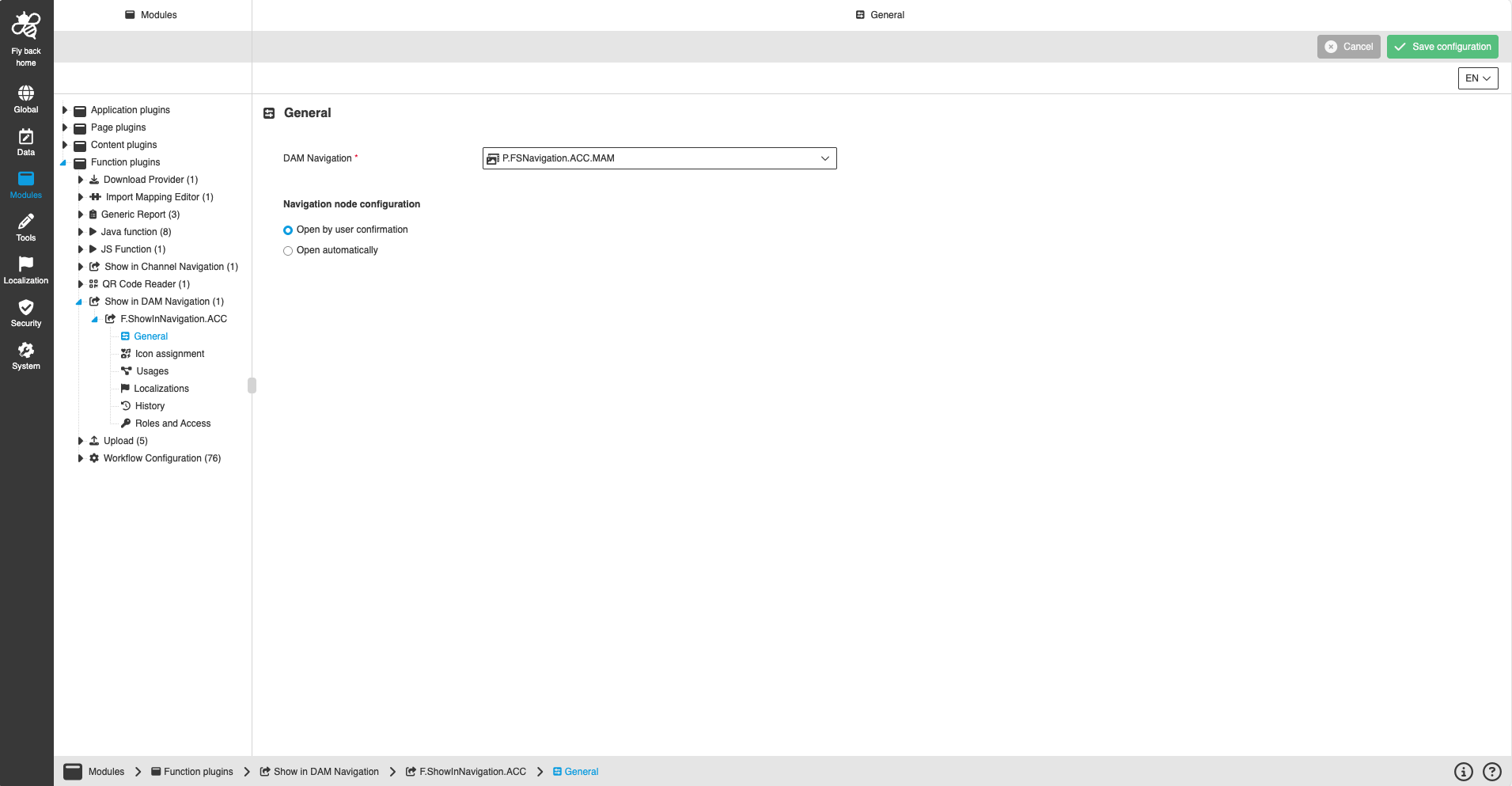 show in dam navigation CC configuration general
