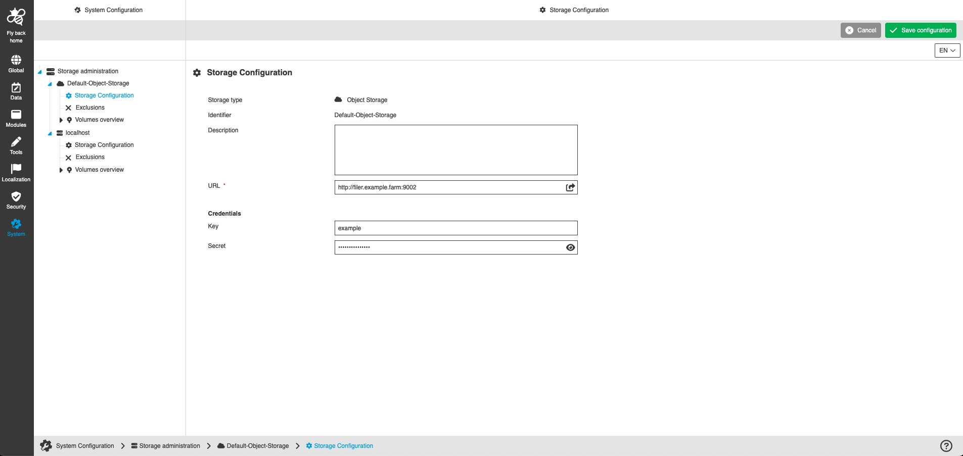 storage administration configuration object cc