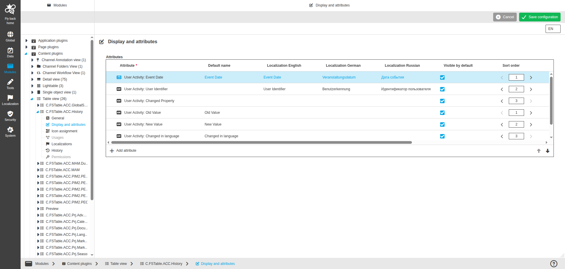 TableView CC configuration display and attributes
