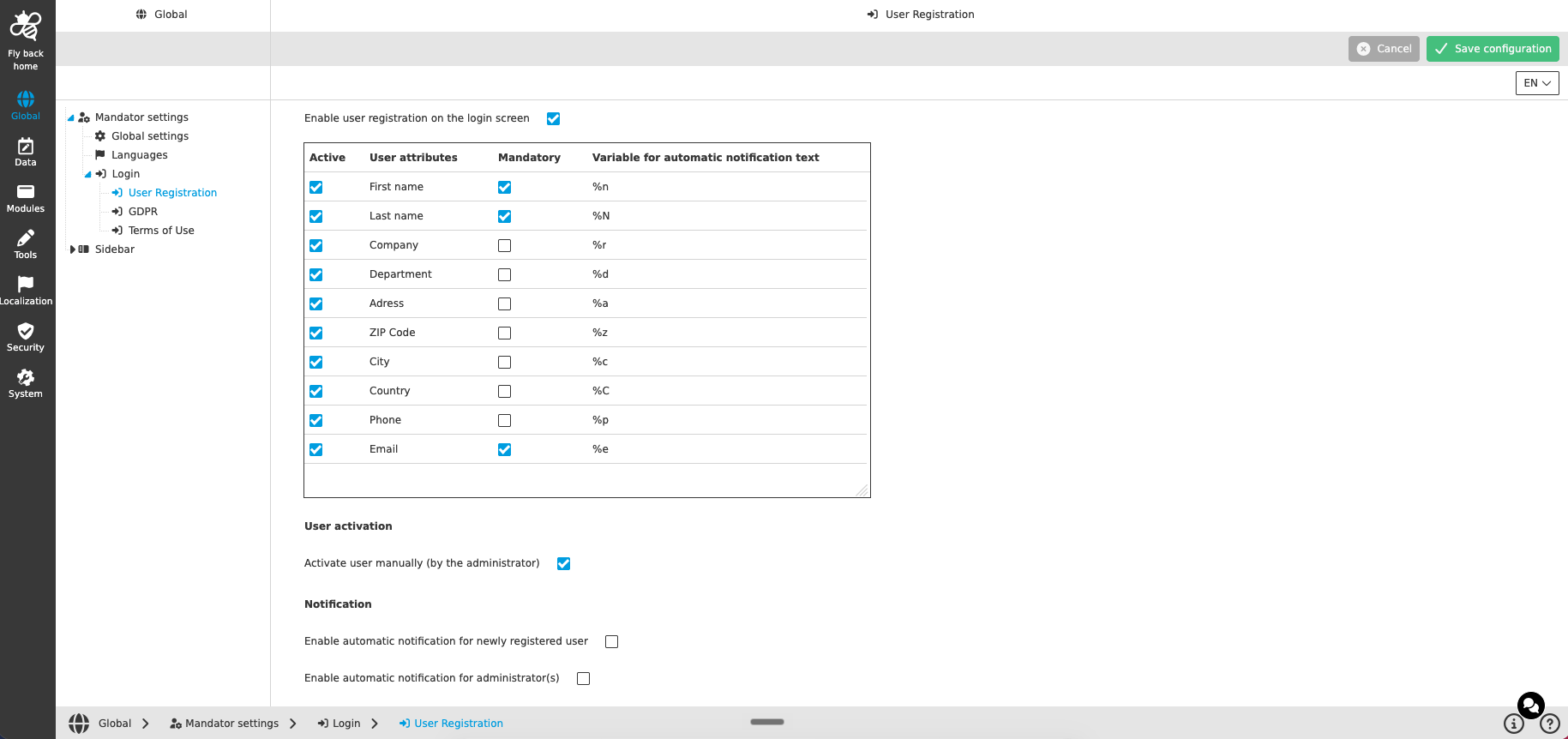 User Registration page configuration