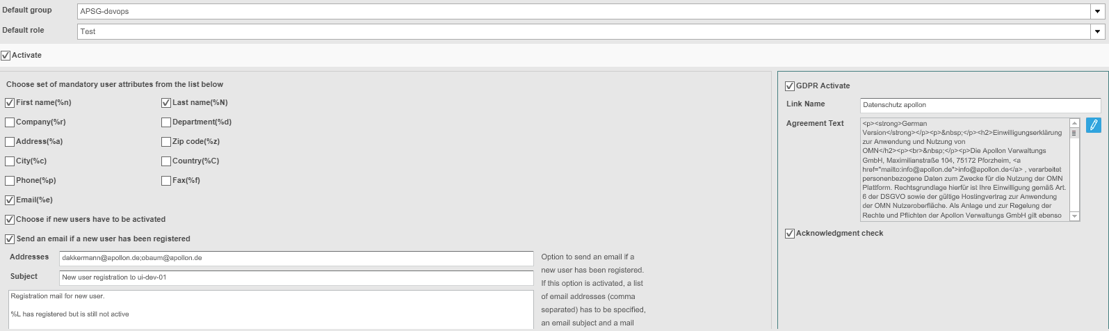 UserRegistraton configuration