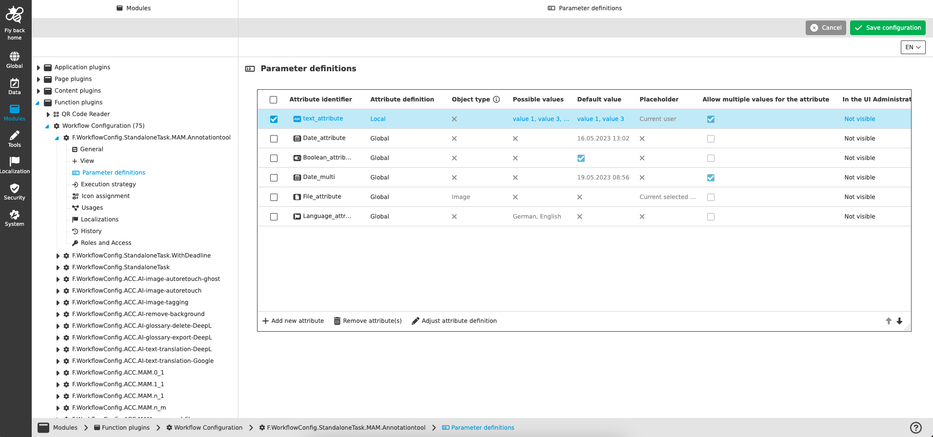 workflow config parameter definitions CC