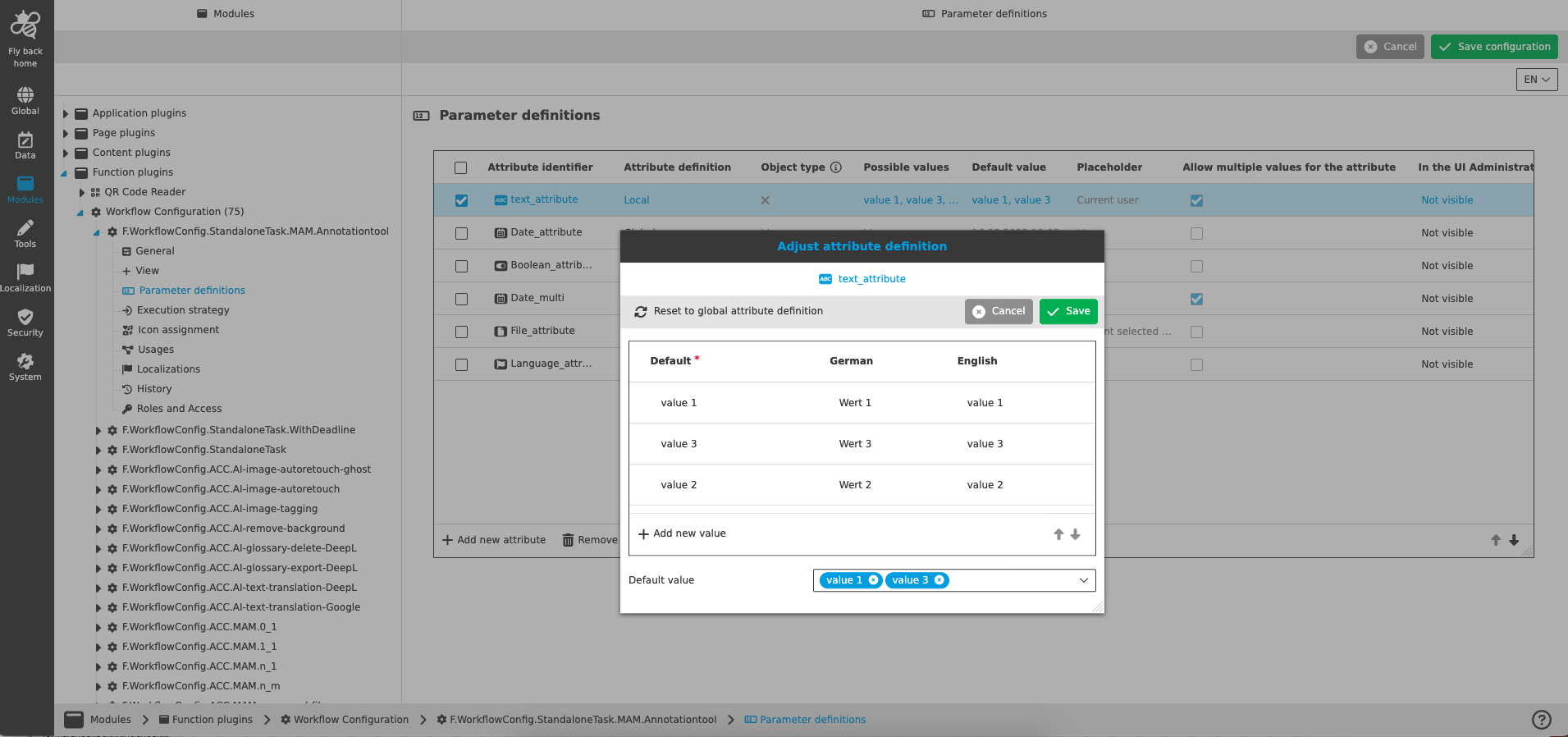 workflow config parameter definitions adjust attribute definition CC
