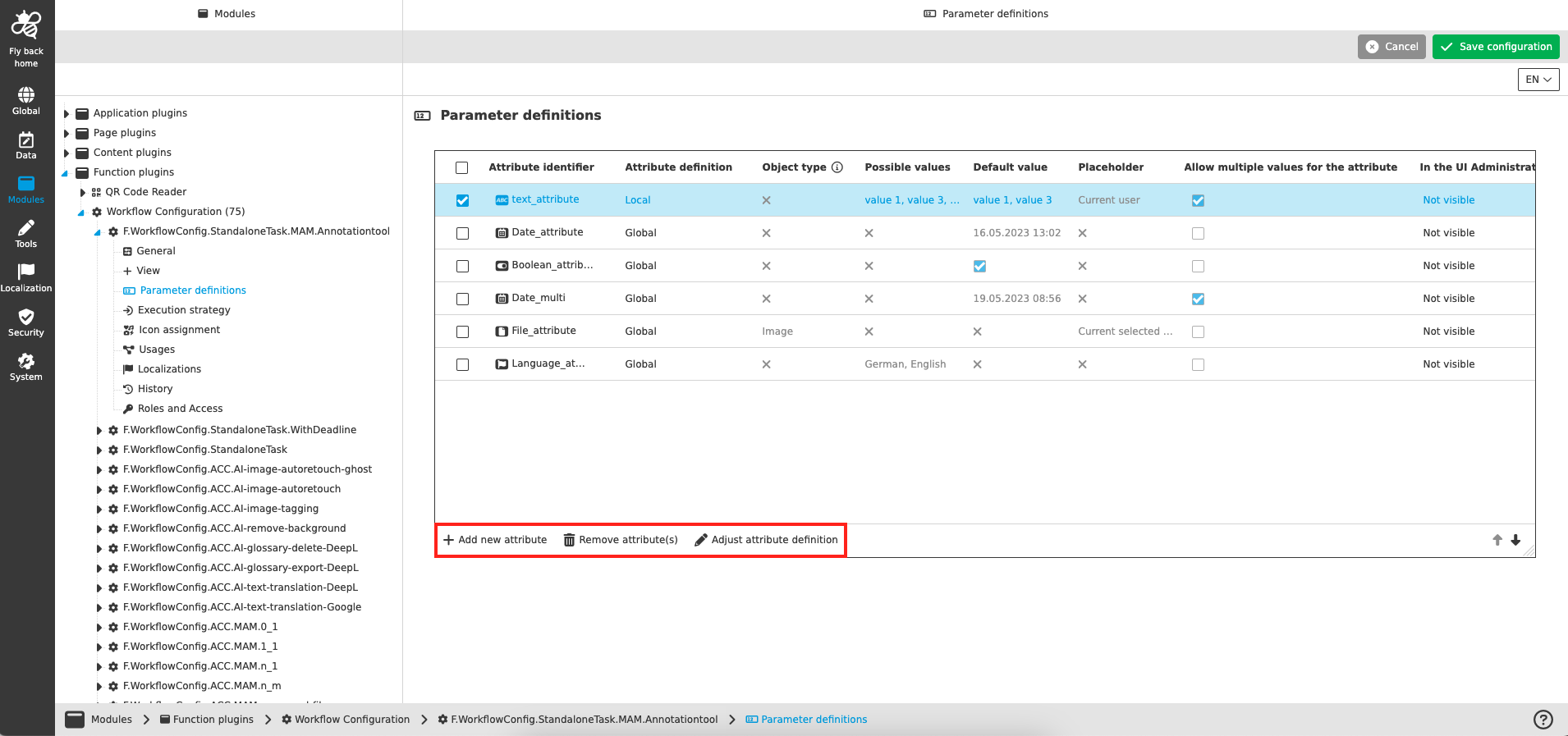 workflow config parameter definitions functions CC