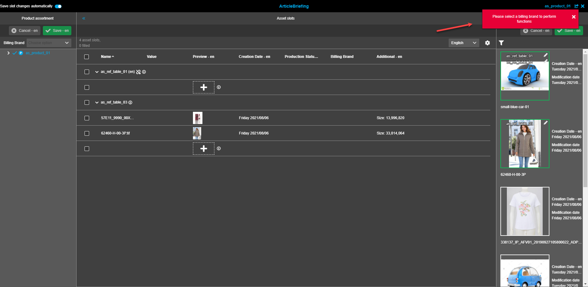 Product Assortment view - Billing brand options dropdown