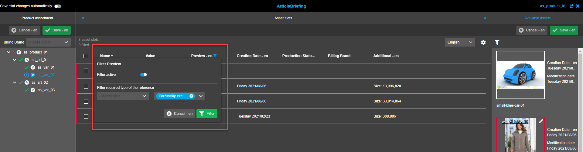 Product Assortment view - Product assortment tree - quick filter "empty slots" Preview