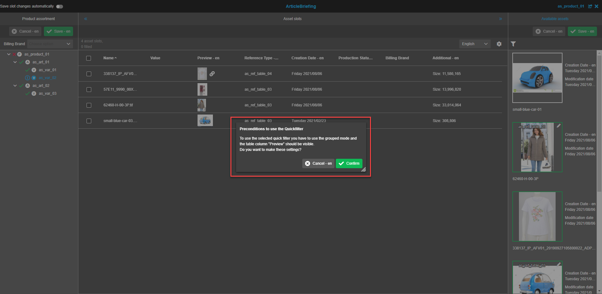 Product Assortment view - Product assortment tree - Conditions dont’t meet modal