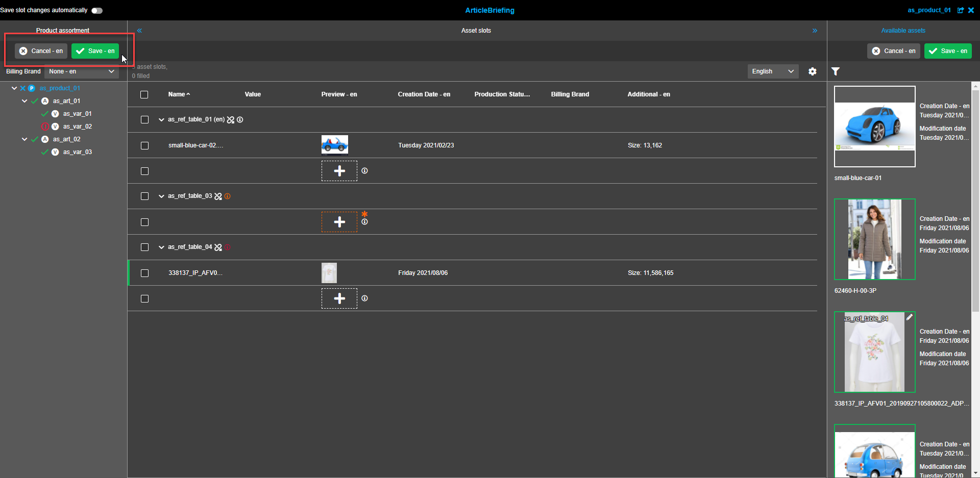 Asset Slots view - Save button