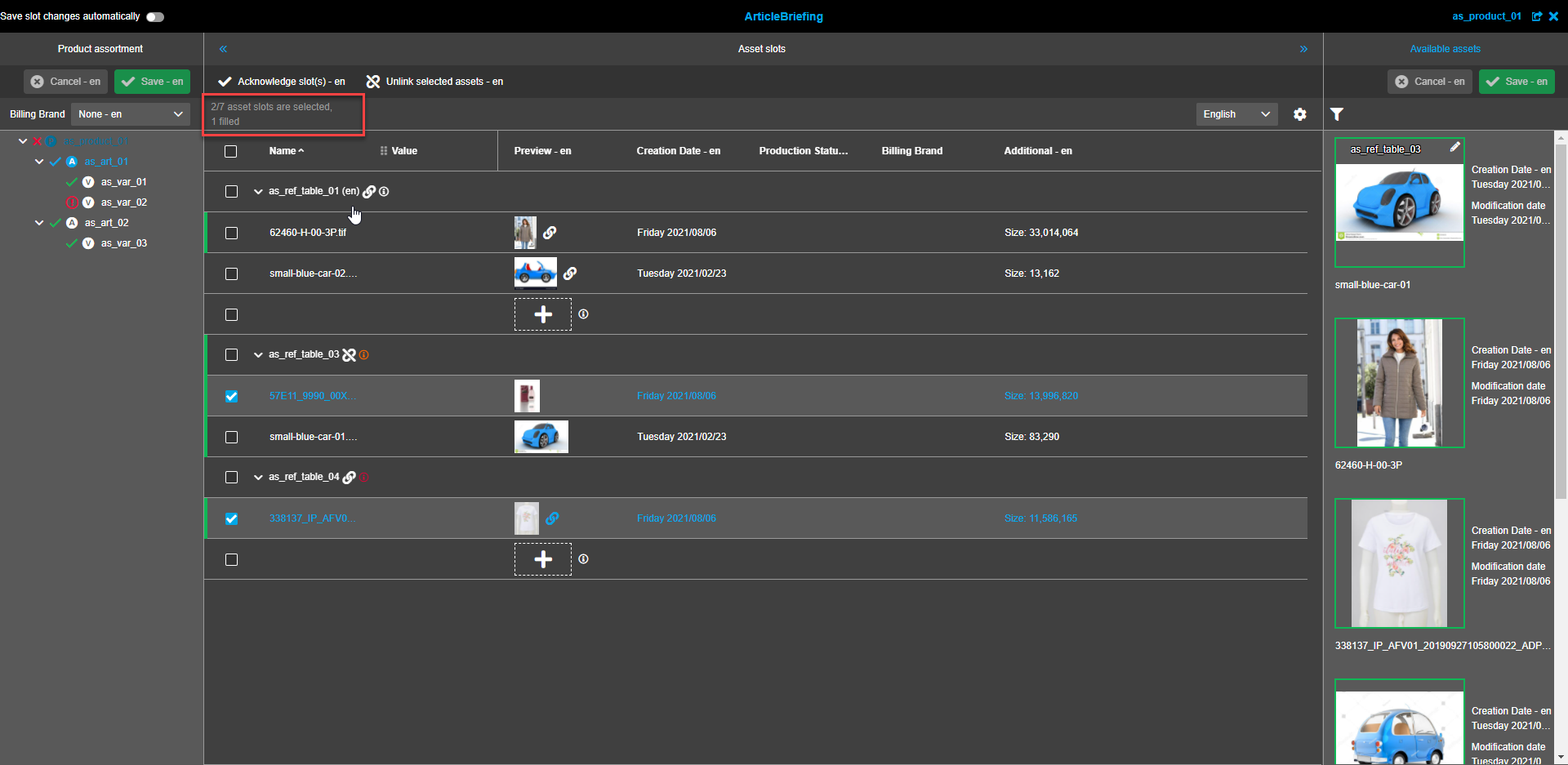 Asset Slots view - Status bar
