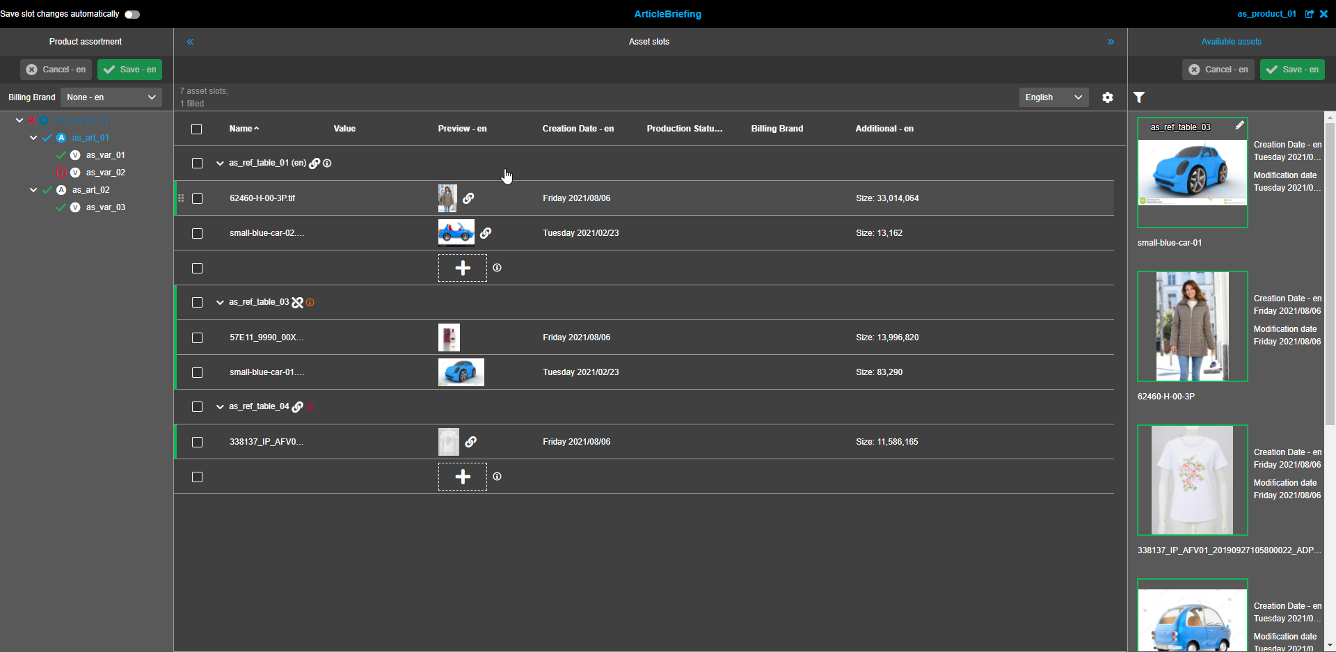 Asset Slots view - grouping
