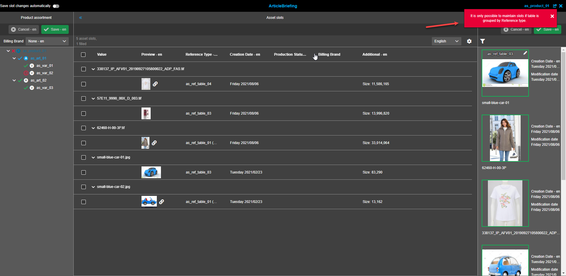 Asset Slots view - different grouping