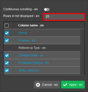 Asset Slots view - Default 25 Rows in list displayed setting