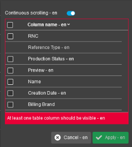 Asset Slots view - Error message when all the columns removed