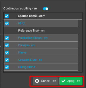 Asset Slots view - Apply and Cancel buttons