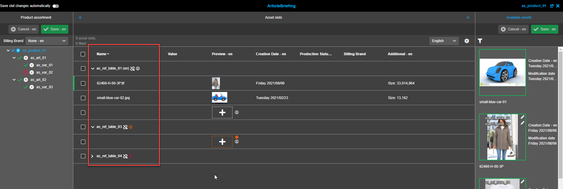 Asset Slots view - Name column