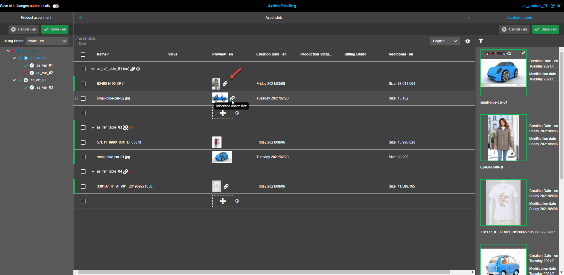 Asset Slots view - Preview inheritance icon