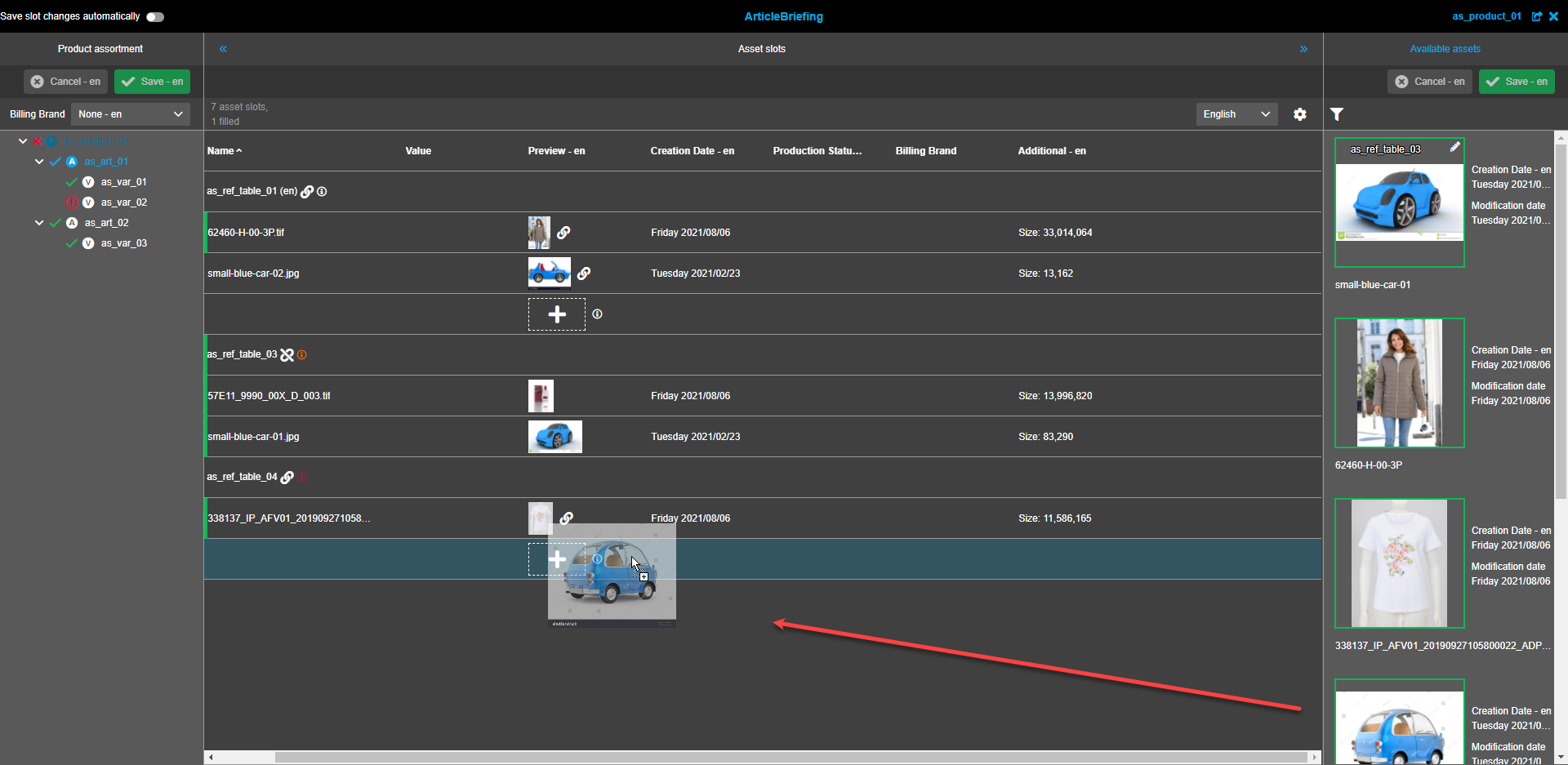 Asset Slots view - Assets adding