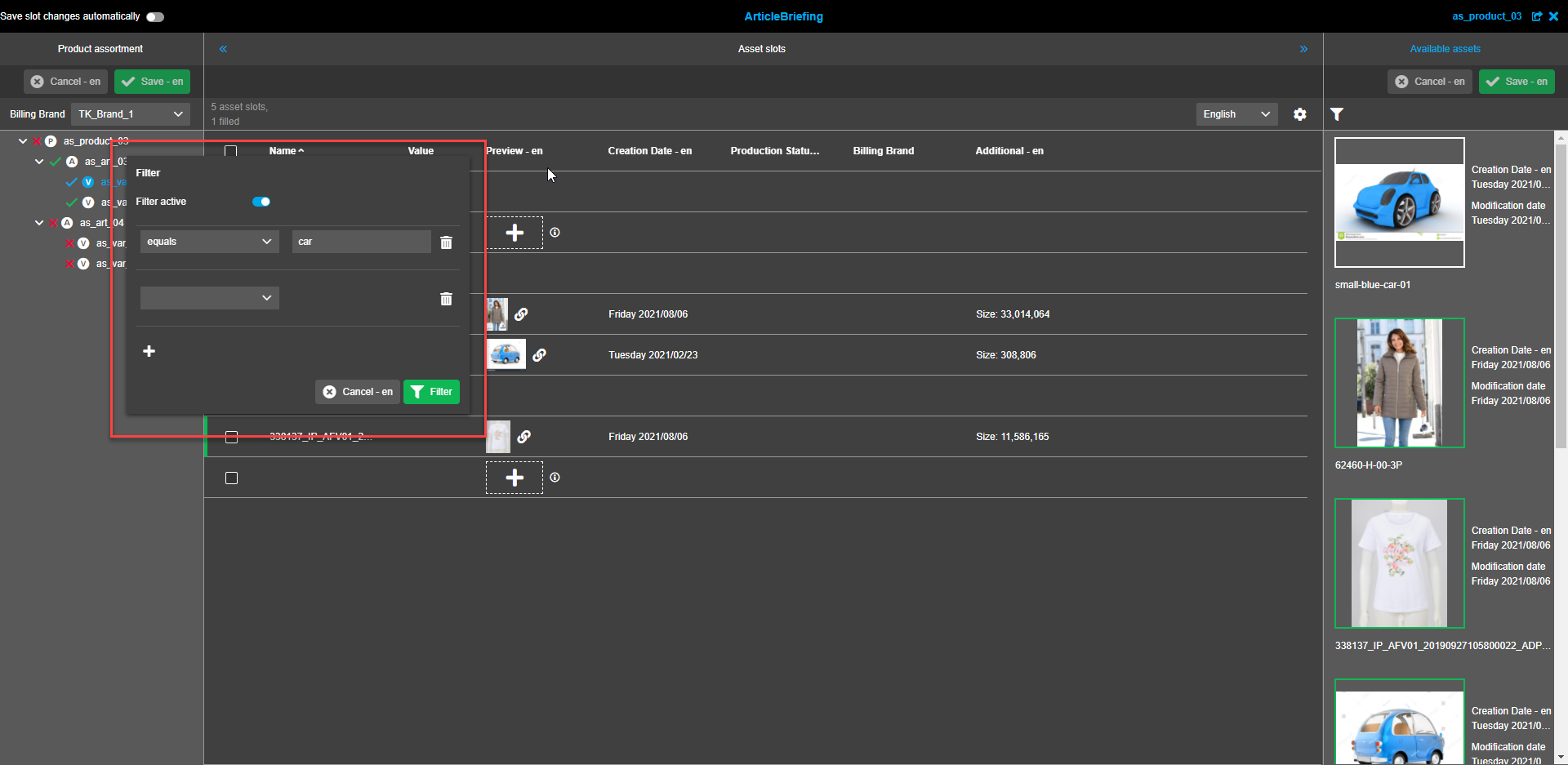 Asset Slots view - Filter modal