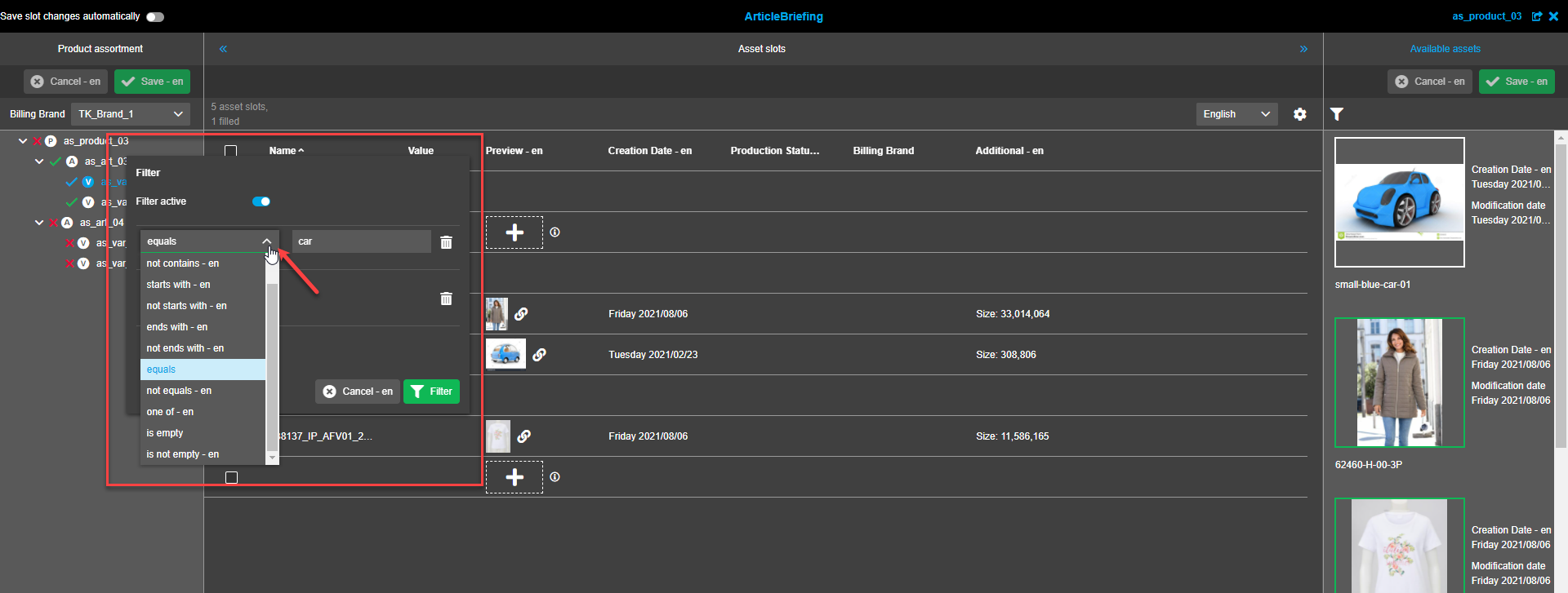 Asset Slots view - Filter rule selection