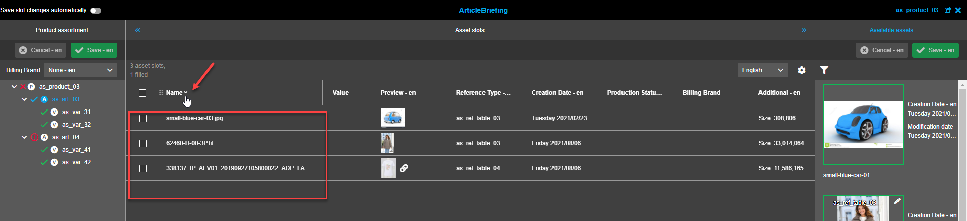 Asset Slots view - Columns sorting descending